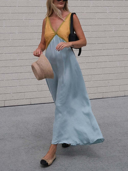 V-neck Contrasting Color Splicing Chic Dress - Milafashion-se.com
