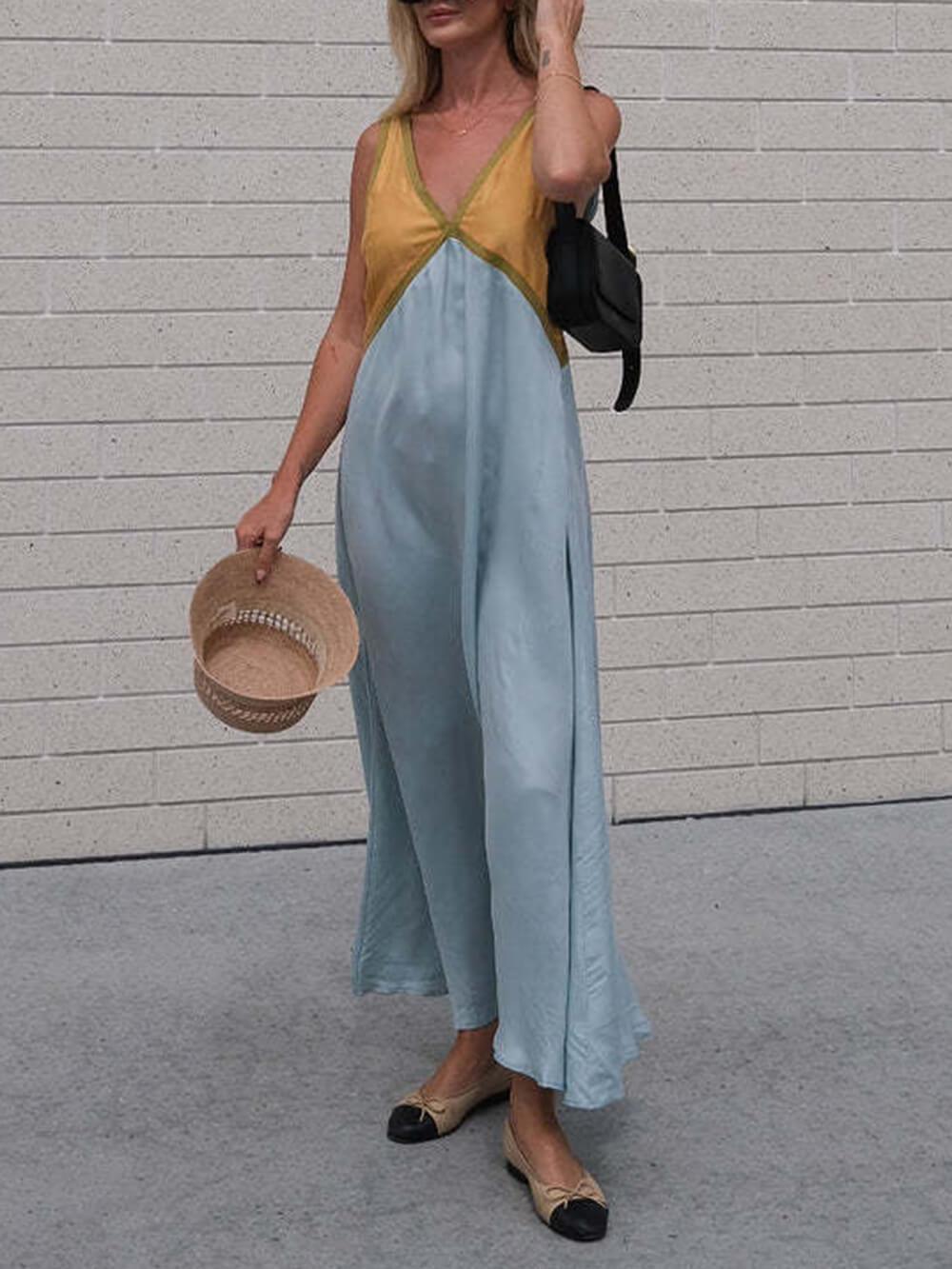 V-neck Contrasting Color Splicing Chic Dress - Milafashion-se.com