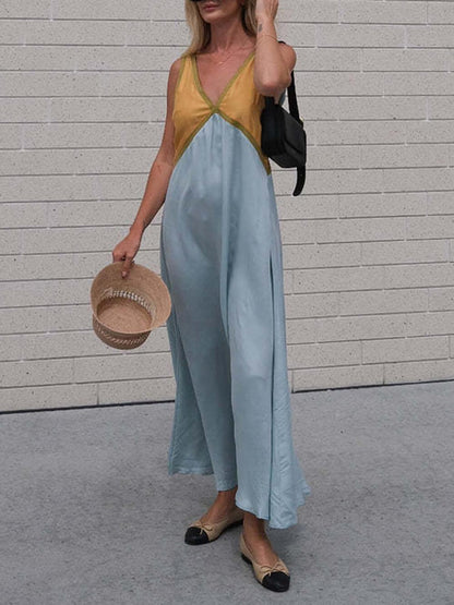 V-neck Contrasting Color Splicing Chic Dress - Milafashion-se.com