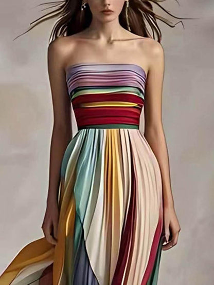 Elegant Striped Printed Off-shoulder Pleated Bandeau Maxi Dress - Milafashion-se.com