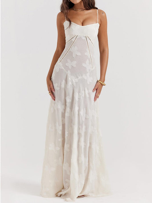 Vintage Cream Floral Lace Back Maxi Dress - Milafashion-se.com