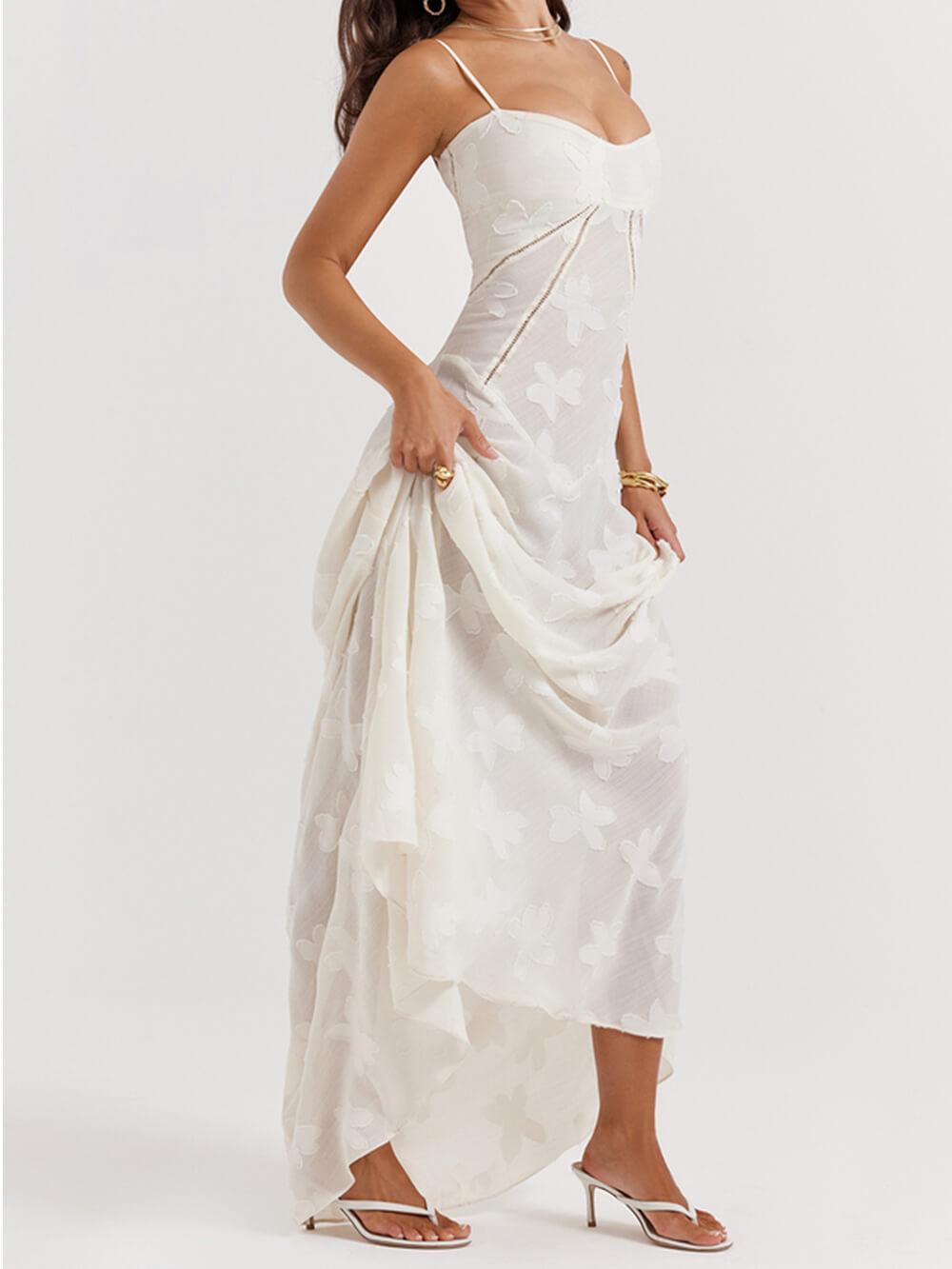 Vintage Cream Floral Lace Back Maxi Dress - Milafashion-se.com