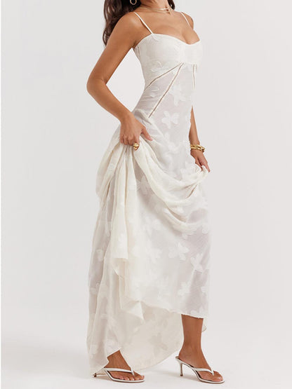 Vintage Cream Floral Lace Back Maxi Dress - Milafashion-se.com