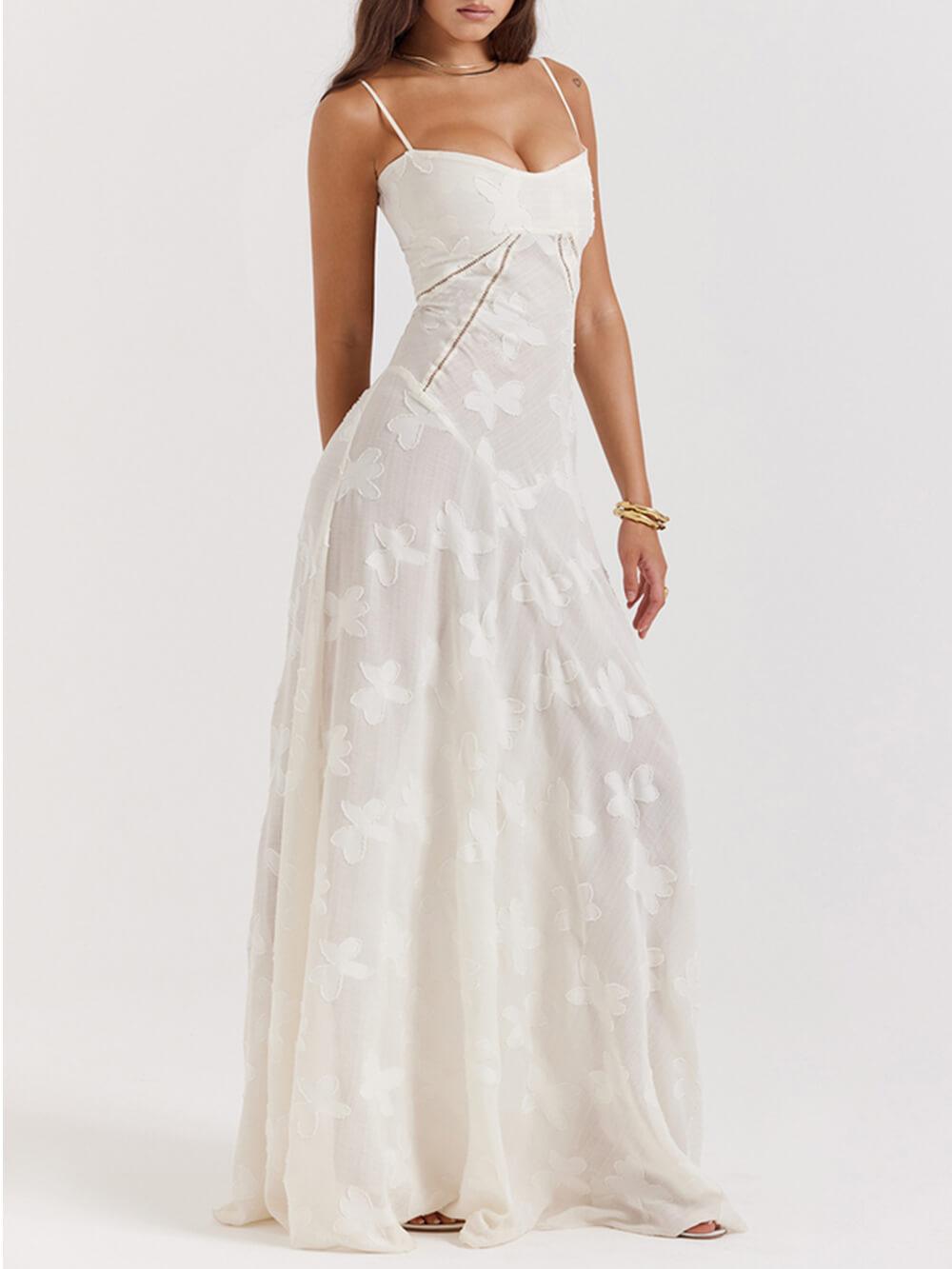 Vintage Cream Floral Lace Back Maxi Dress - Milafashion-se.com