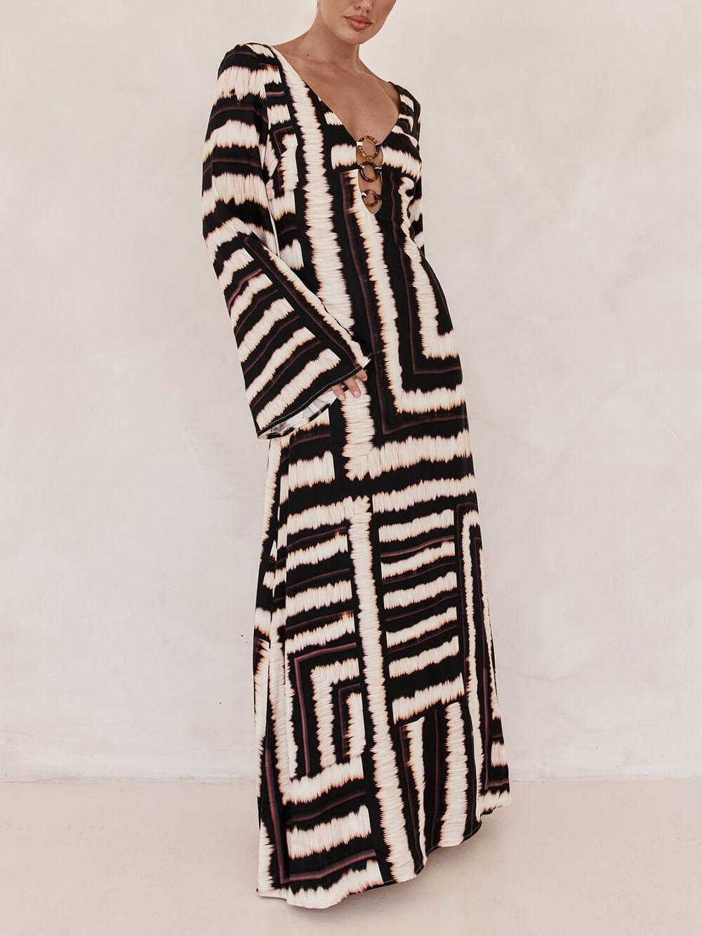 Flattering V-Neckline Unique Printed V Tie Ring Maxi Dress - Milafashion-se.com