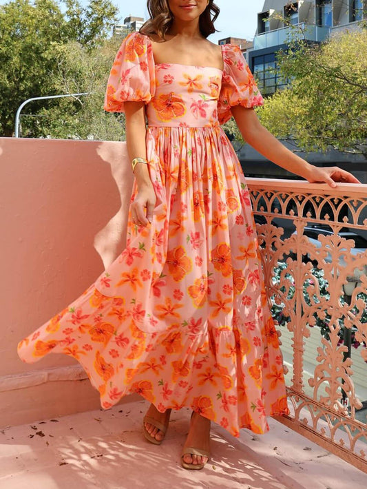 Puff Sleeve Floral Print Back Smocked Pocket Maxi Dress - Milafashion-se.com