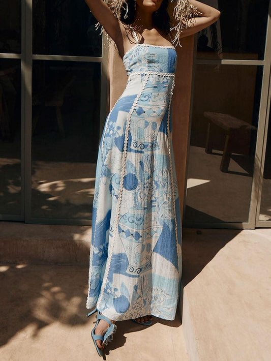 Halter Straps Lace Patchwork Printed Back Tie Halter Flare Maxi Dresses - Milafashion-se.com