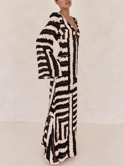 Flattering V-Neckline Unique Printed V Tie Ring Maxi Dress - Milafashion-se.com