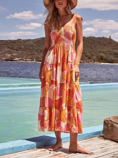 Sleeveless Sea Charm Pleated Stretch Chest Print Cami Dress - Milafashion-se.com