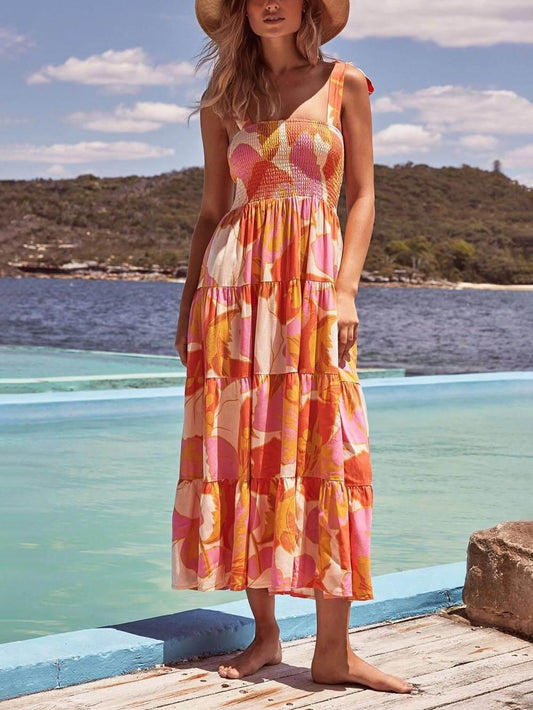 Sleeveless Sea Charm Pleated Stretch Chest Print Cami Dress - Milafashion-se.com
