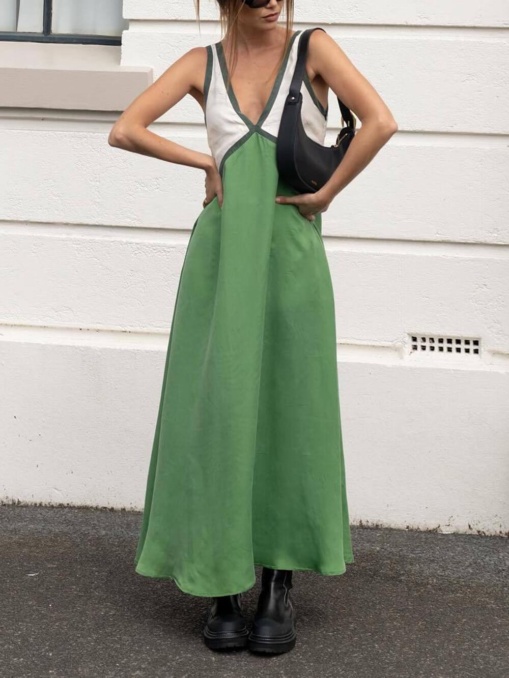 V-neck Contrasting Color Splicing Chic Dress - Milafashion-se.com