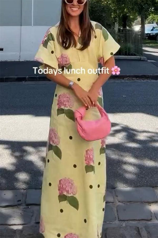 MILA™ Jasmine linneblandad blommig prickig skjorta med vid ärm Maxiklänning - Milafashion-se.com