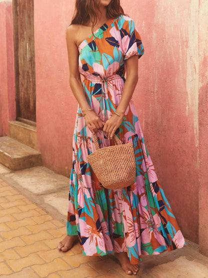 Off-Shoulder Palm Leaf Print Holiday Style Floral Dress - Milafashion-se.com