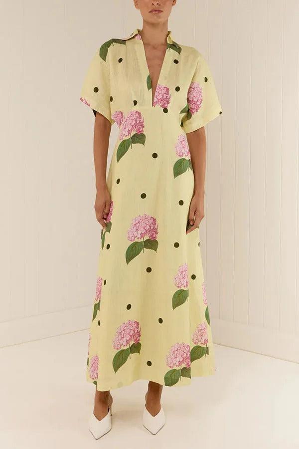 MILA™ Jasmine linneblandad blommig prickig skjorta med vid ärm Maxiklänning - Milafashion-se.com