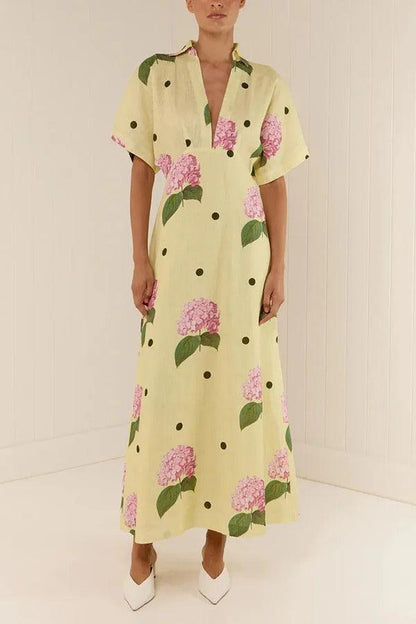 MILA™ Jasmine linneblandad blommig prickig skjorta med vid ärm Maxiklänning - Milafashion-se.com