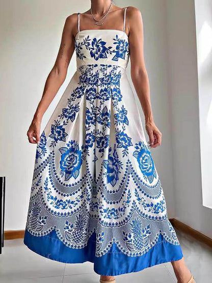 Ethnic Floral Print Back Smocked Loose Midi Dress - Milafashion-se.com