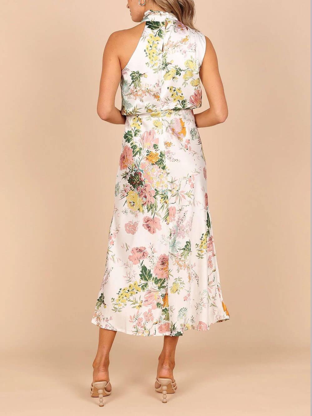 Halter Neck Floral Elastic Waist Maxi Dress - Milafashion-se.com