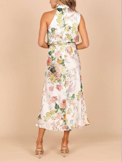 Halter Neck Floral Elastic Waist Maxi Dress - Milafashion-se.com