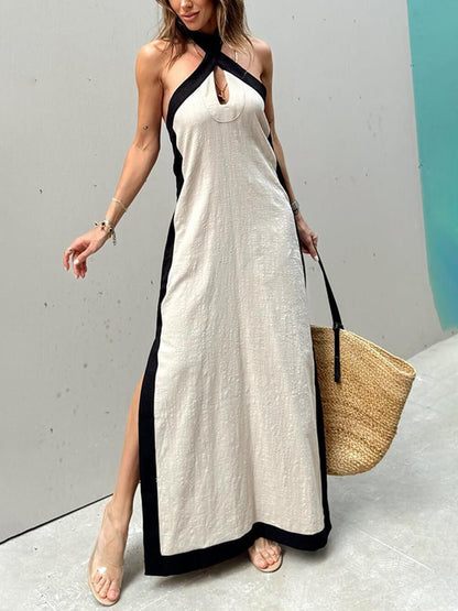 Halter Neck Slit Color Block Maxi Dress - Milafashion-se.com
