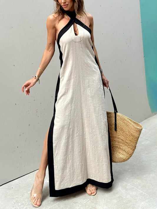Halter Neck Slit Color Block Maxi Dress - Milafashion-se.com