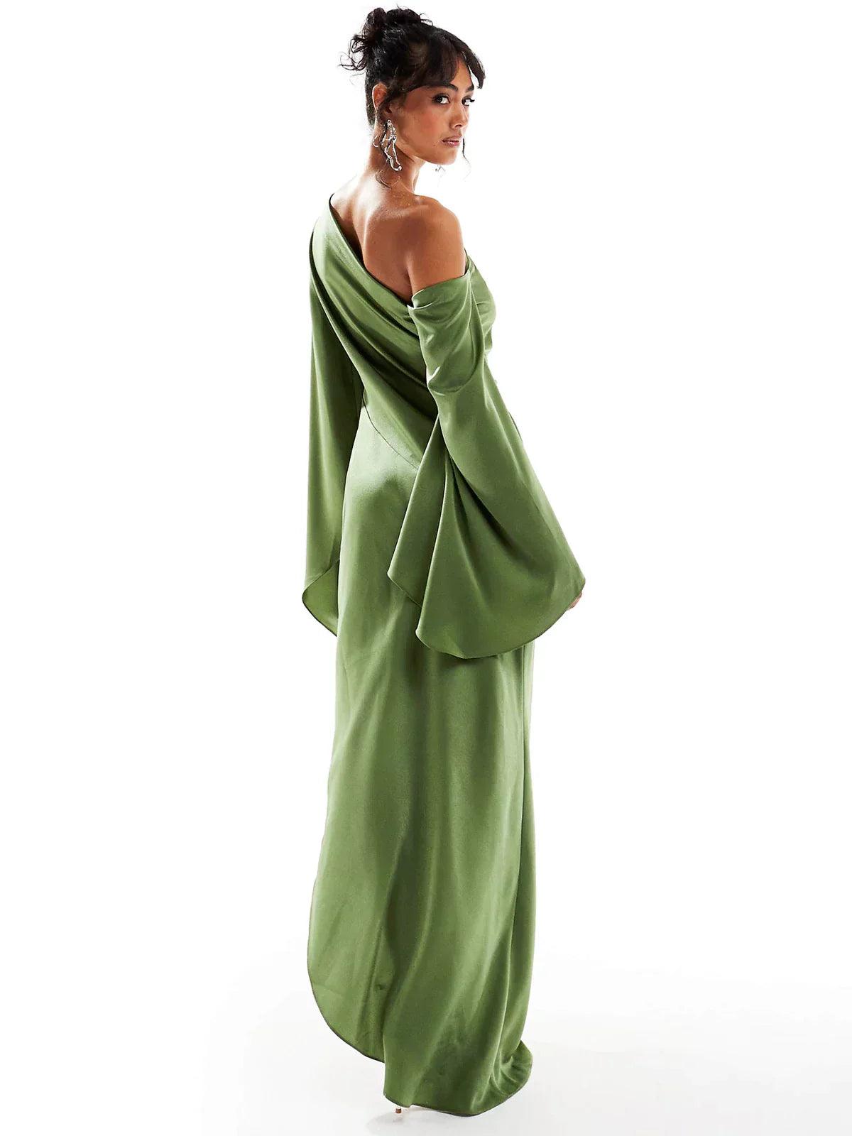 Green Asymmetrical Hem Satin Maxi Dress - Milafashion-se.com