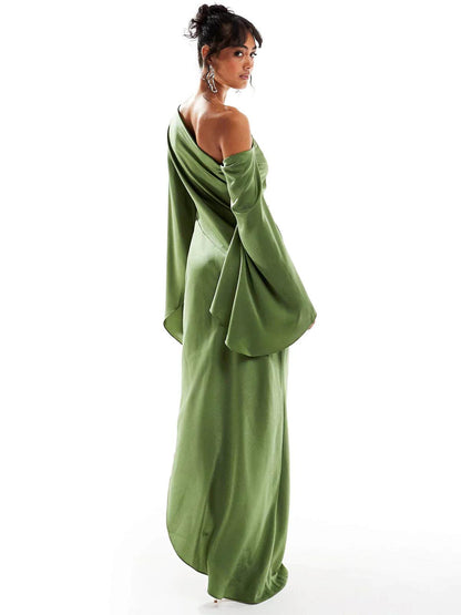 Green Asymmetrical Hem Satin Maxi Dress - Milafashion-se.com