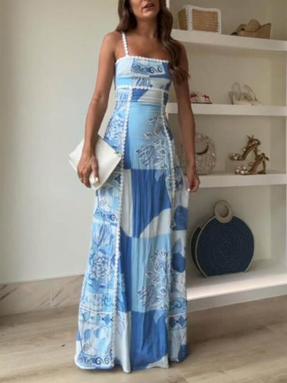 Halter Straps Lace Patchwork Printed Back Tie Halter Flare Maxi Dresses - Milafashion-se.com
