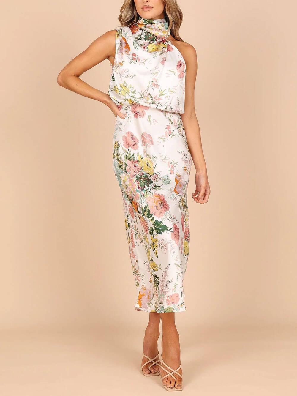 Halter Neck Floral Elastic Waist Maxi Dress - Milafashion-se.com