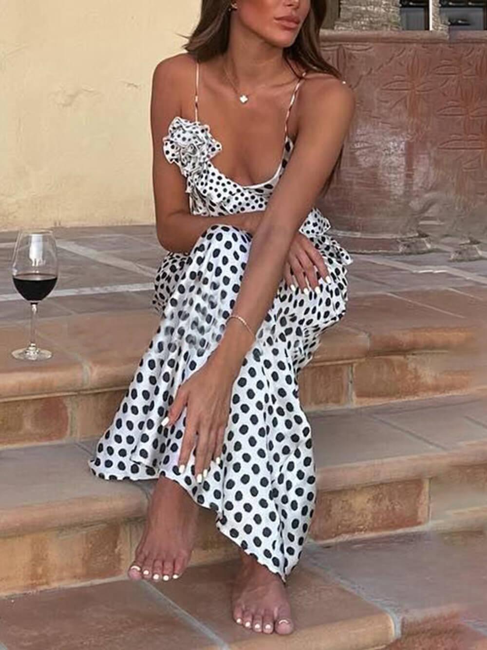 Polka Dot Print Fantasy Guipure Ruffled Suspender Maxi Dress - Milafashion-se.com