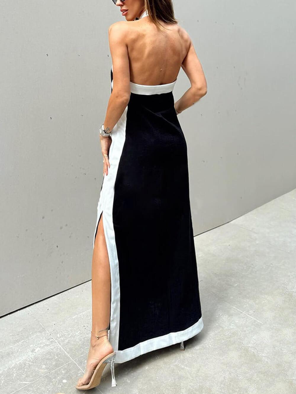 Halter Neck Slit Color Block Maxi Dress - Milafashion-se.com