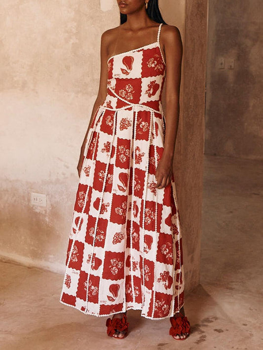 Unique Printed Floral Trim One Shoulder Flared Maxi Dress - Milafashion-se.com