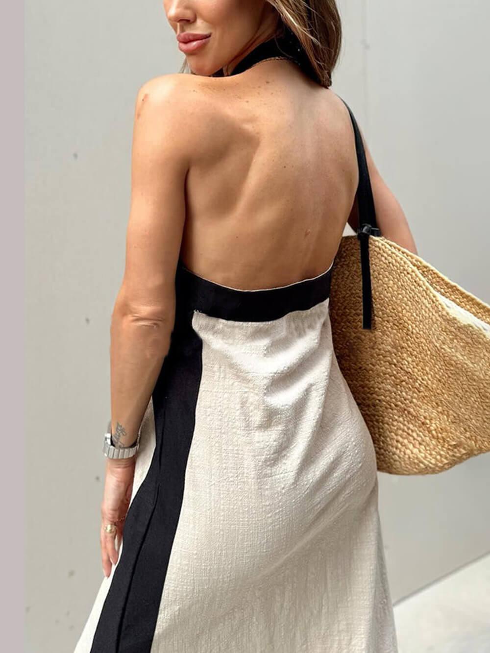 Halter Neck Slit Color Block Maxi Dress - Milafashion-se.com