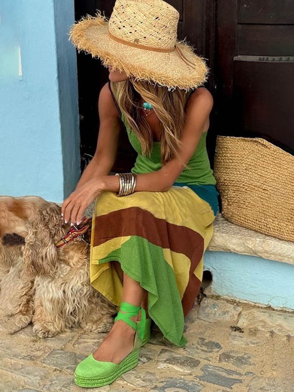 Unique Color Block Stitching Print Backless Slim Fit Maxi Dress - Milafashion-se.com