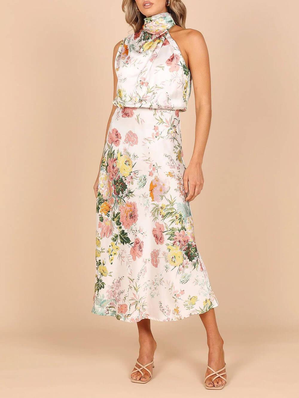 Halter Neck Floral Elastic Waist Maxi Dress - Milafashion-se.com