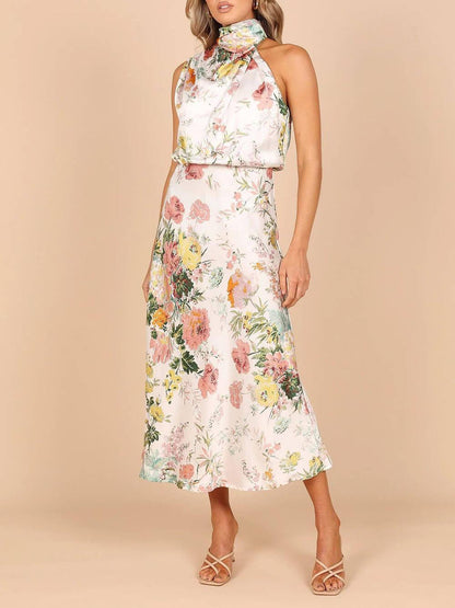 Halter Neck Floral Elastic Waist Maxi Dress - Milafashion-se.com