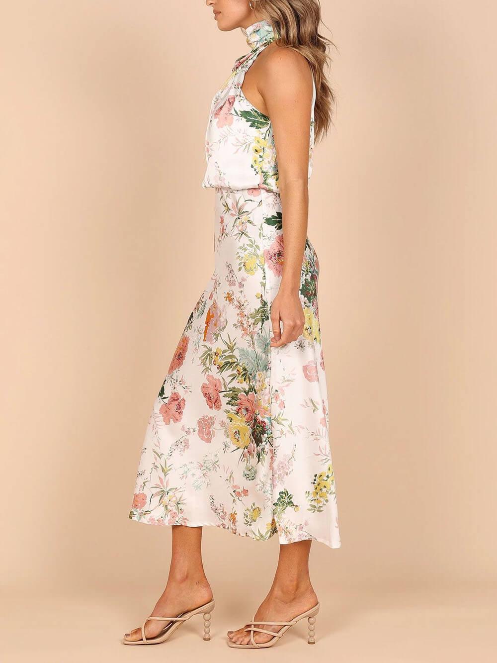 Halter Neck Floral Elastic Waist Maxi Dress - Milafashion-se.com