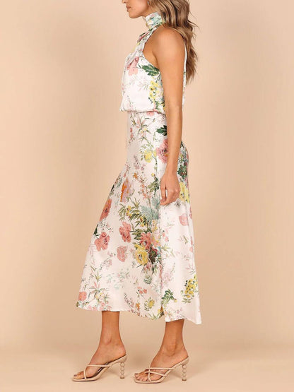 Halter Neck Floral Elastic Waist Maxi Dress - Milafashion-se.com