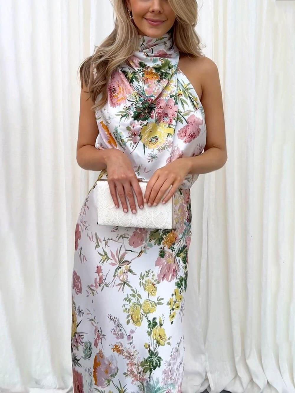 Halter Neck Floral Elastic Waist Maxi Dress - Milafashion-se.com
