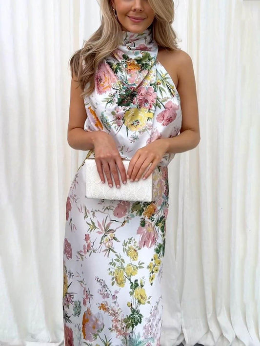 Halter Neck Floral Elastic Waist Maxi Dress - Milafashion-se.com