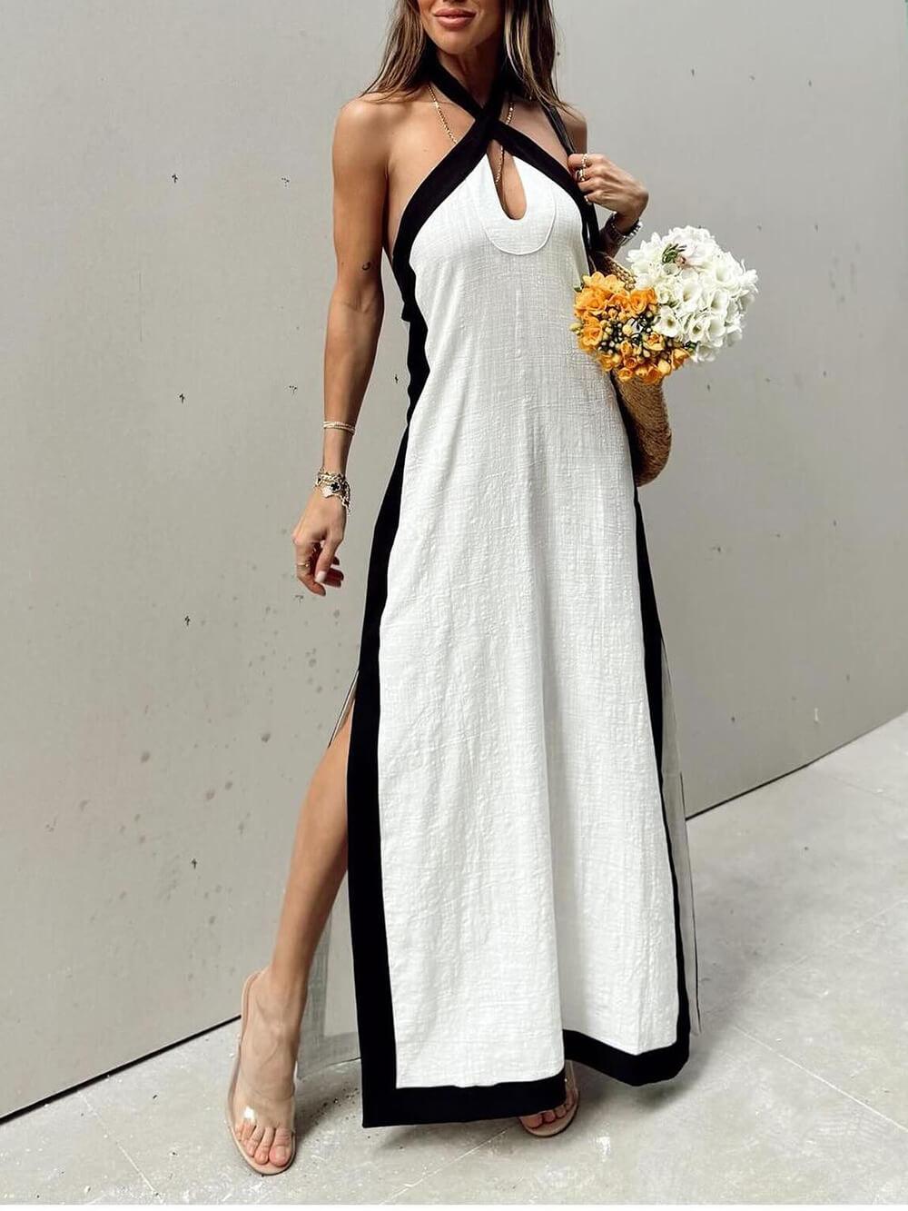 Halter Neck Slit Color Block Maxi Dress - Milafashion-se.com
