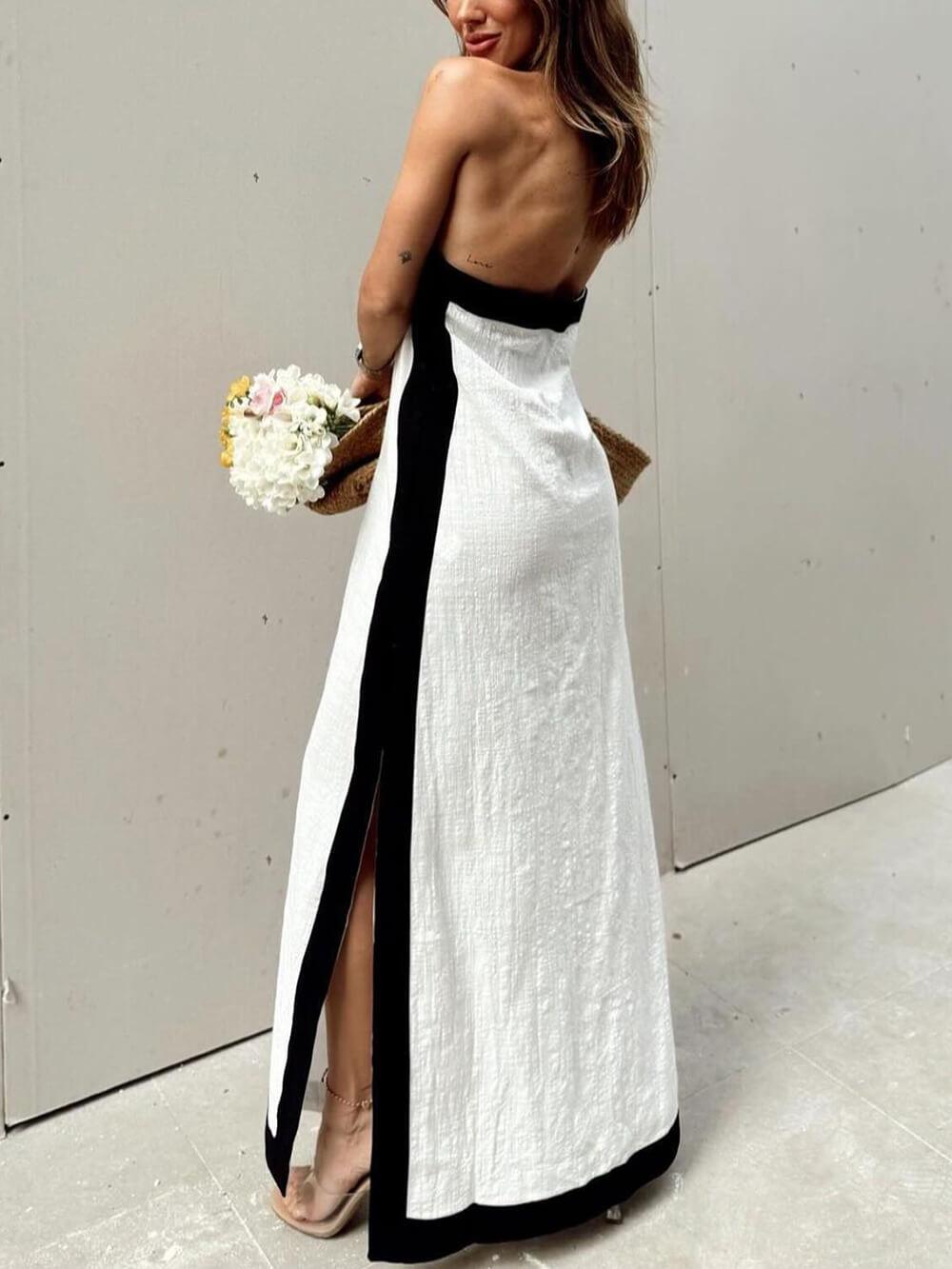 Halter Neck Slit Color Block Maxi Dress - Milafashion-se.com