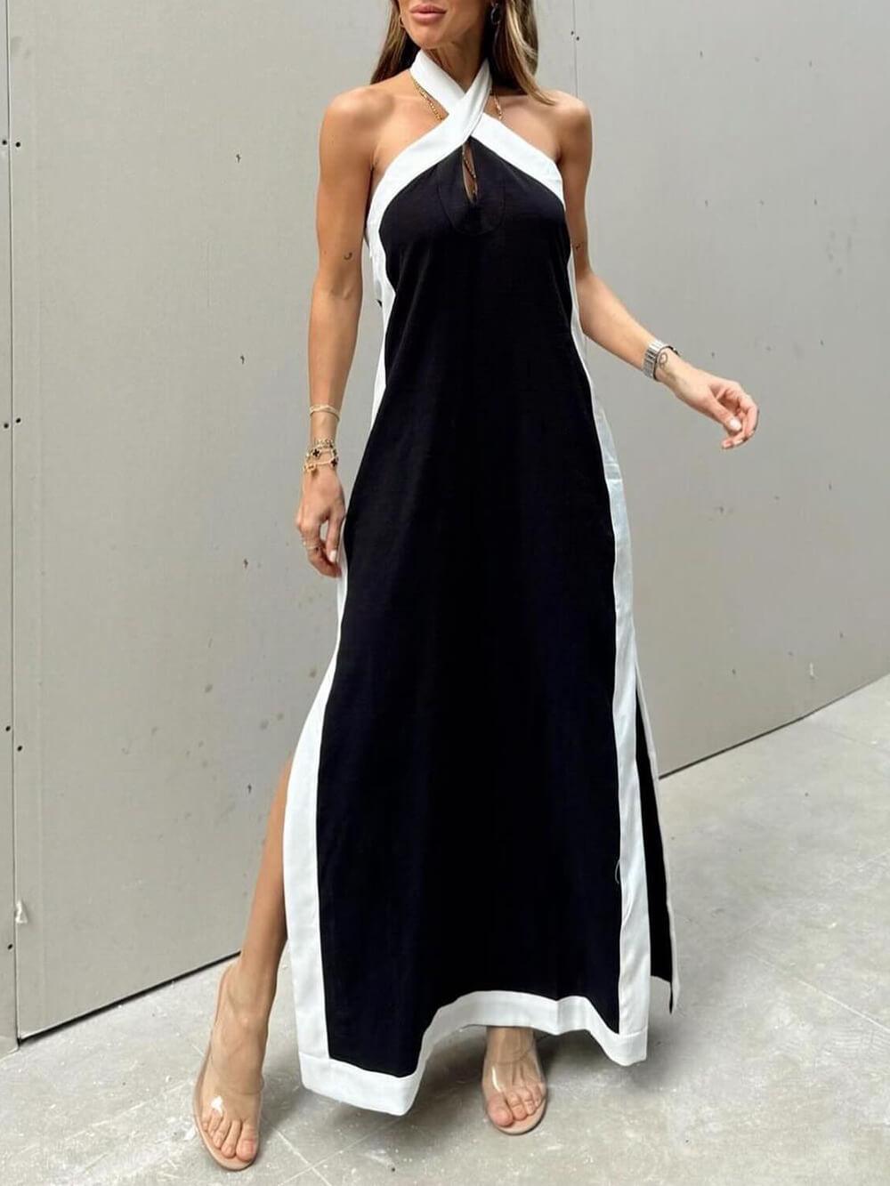 Halter Neck Slit Color Block Maxi Dress - Milafashion-se.com