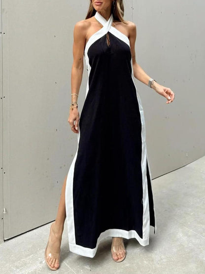 Halter Neck Slit Color Block Maxi Dress - Milafashion-se.com