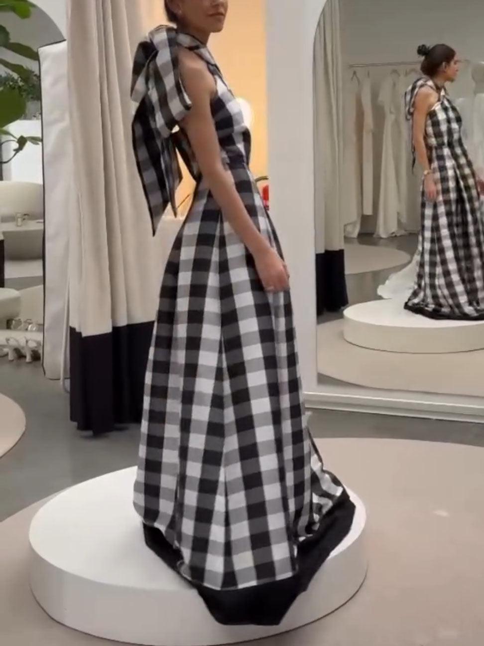 MILA™ Classic Plaid Print Halter Neck Maxiklänning - Milafashion-se.com