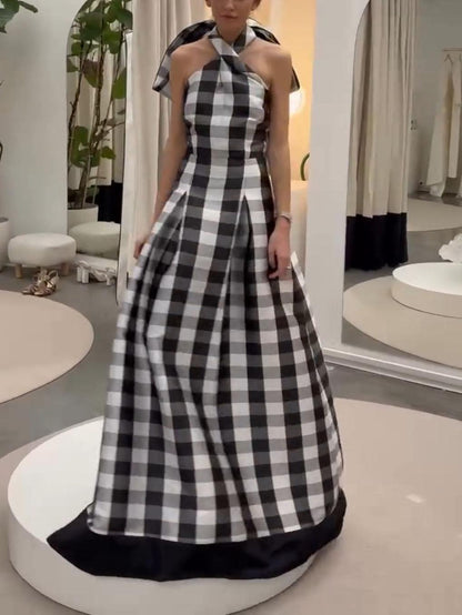 MILA™ Classic Plaid Print Halter Neck Maxiklänning - Milafashion-se.com