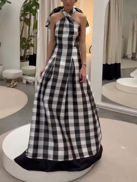 MILA™ Classic Plaid Print Halter Neck Maxiklänning - Milafashion-se.com