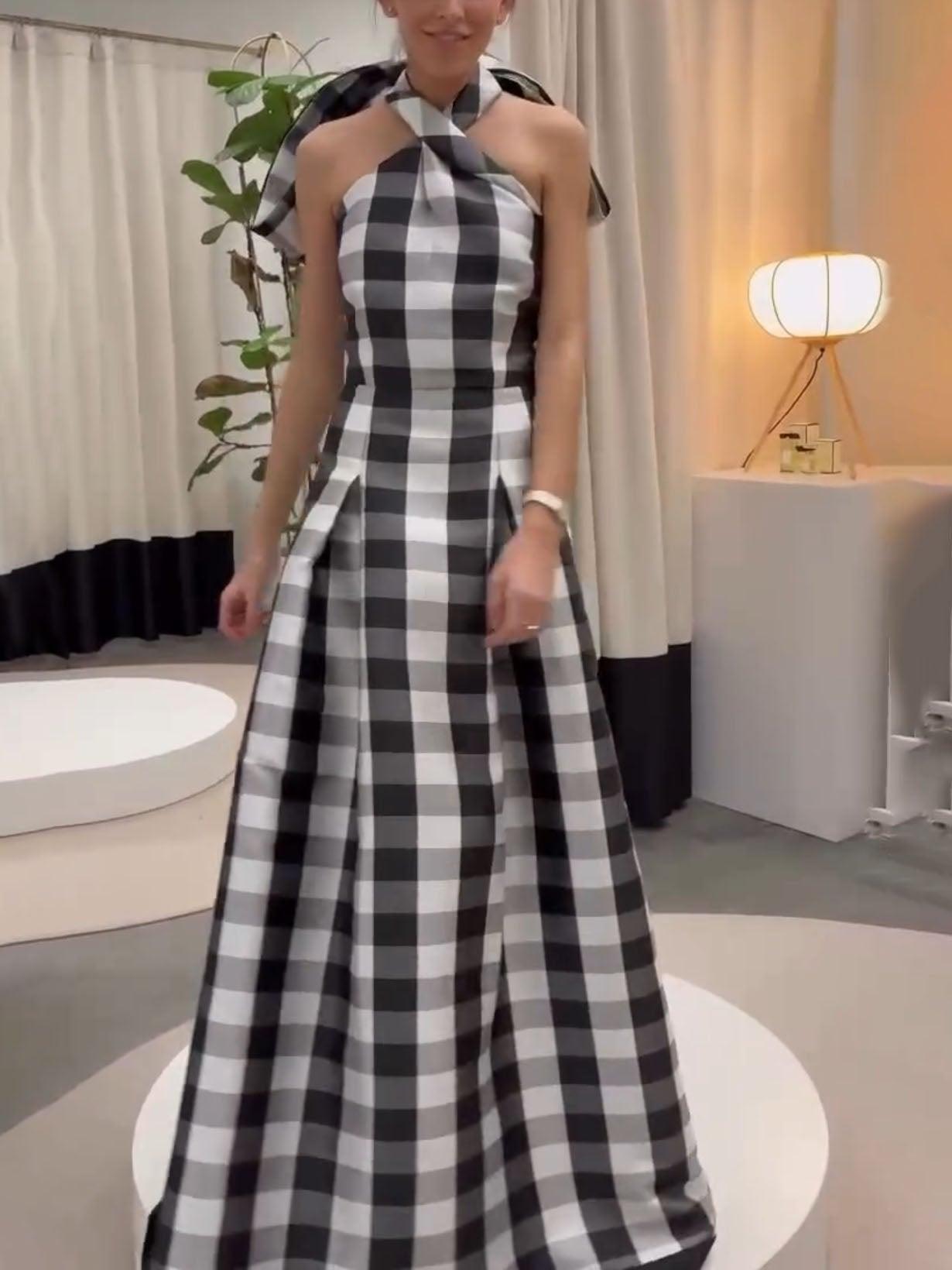 MILA™ Classic Plaid Print Halter Neck Maxiklänning - Milafashion-se.com