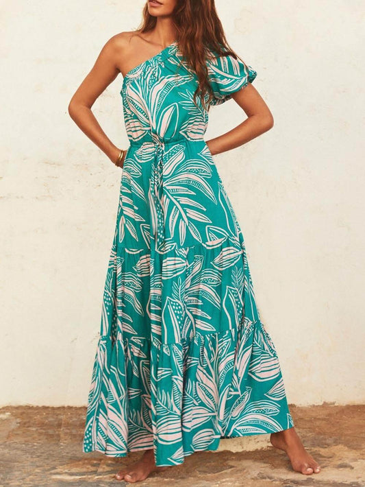 Off-Shoulder Palm Leaf Print Holiday Style Floral Dress - Milafashion-se.com