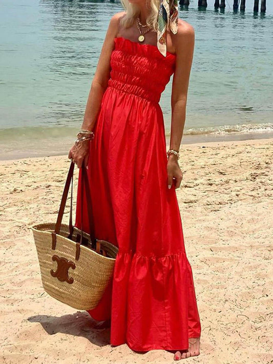 Off Shoulder Smocked Bust Vacation Maxi Dress - Milafashion-se.com