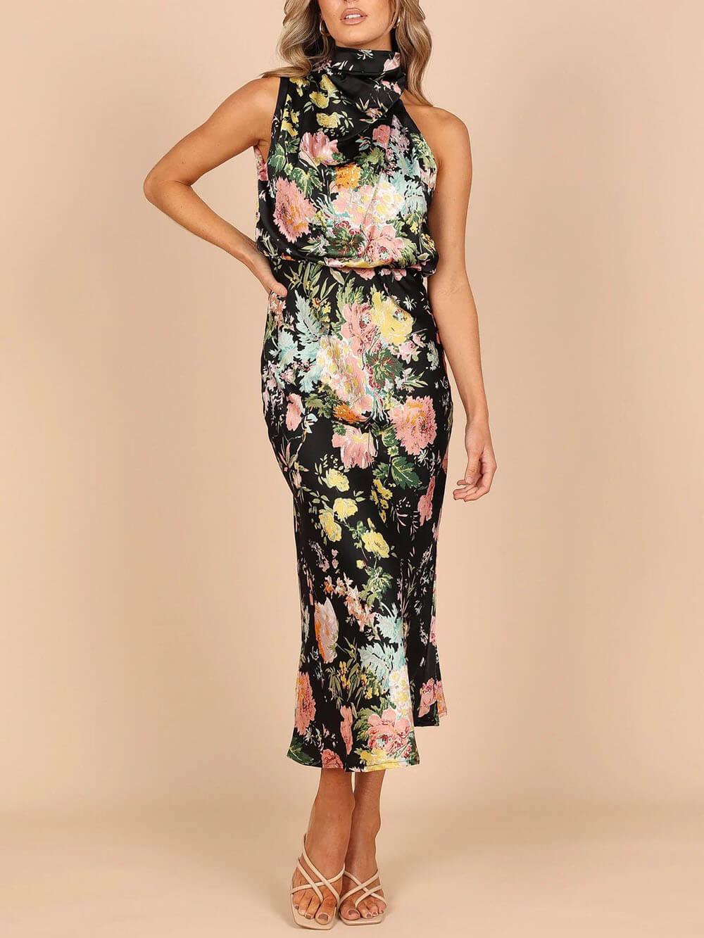 Halter Neck Floral Elastic Waist Maxi Dress - Milafashion-se.com